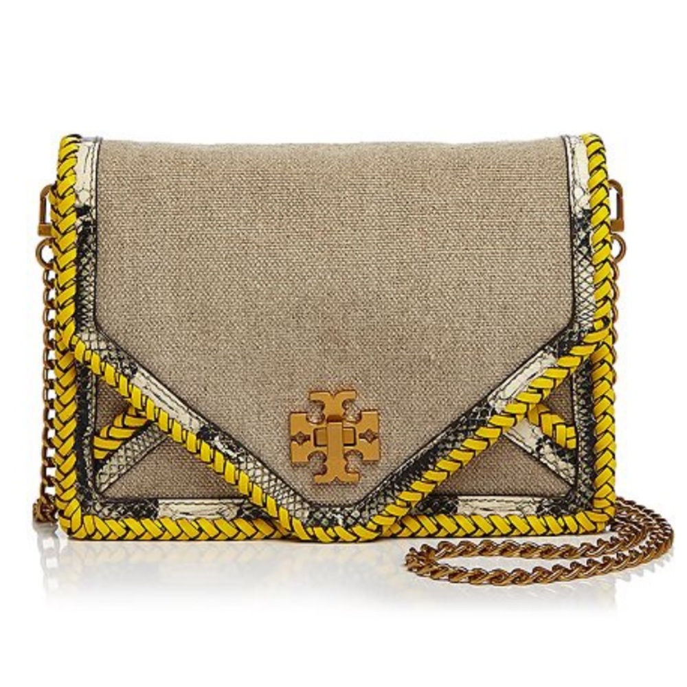 Tory Burch summer collection linen bag with yellow and snakeskin details